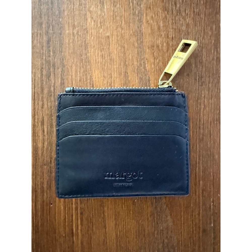 Margot New York Betty Zip Leather ID Card Case Wallet Minimalist Compact Black